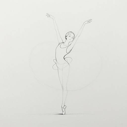 Minimalist line drawing of a ballet dancer in a leotard and tights, standing en pointe with arms raised gracefully above.