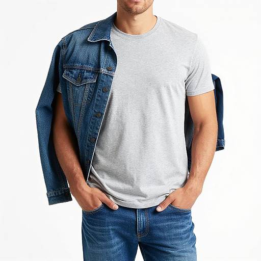 Photograph of a man with light skin, short beard, wearing a white t-shirt, blue jeans, and a blue denim jacket, hands in pockets