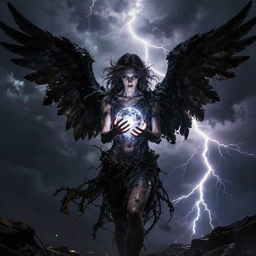 Digital artwork of a dark-winged, ethereal woman with glowing orb, surrounded by lightning, against stormy sky, wearing tattered, leaf-like