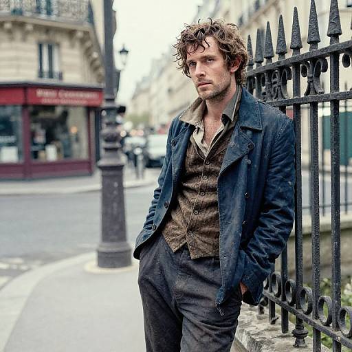 Photograph of a handsome, disheveled man with tousled brown hair, wearing a dark jacket, brown vest, and black pants, leaning against