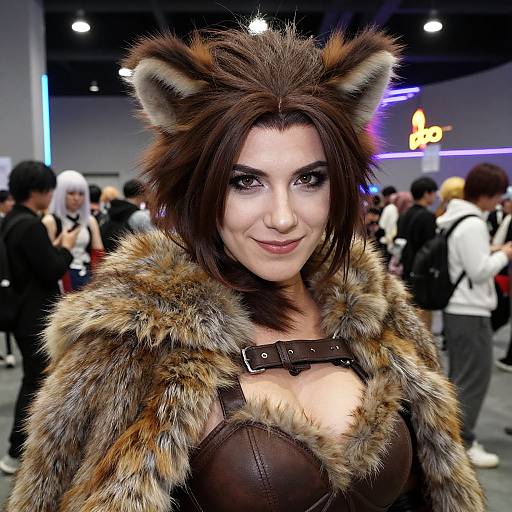Photograph of a woman with brown hair in wolf ears, wearing a fur-lined brown leather harness and fur coat, smiling at a busy indoor convention with