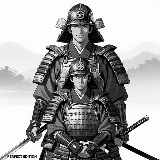 Intricate Samurai Duo in Black and White