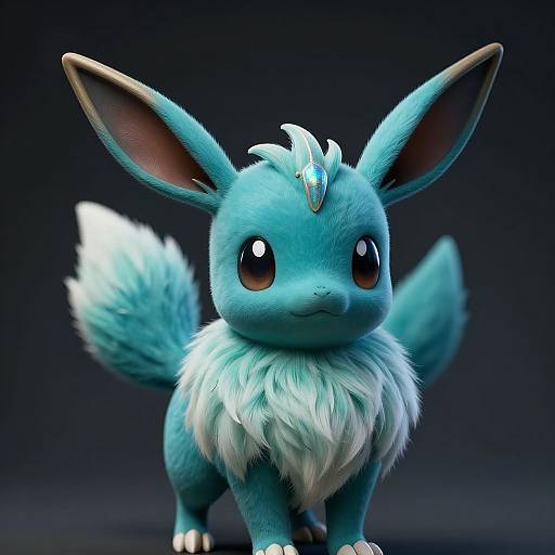CGI image of a blue, fluffy, fox-like creature with large ears, brown eyes, white fur collar, and a small crystal on its head