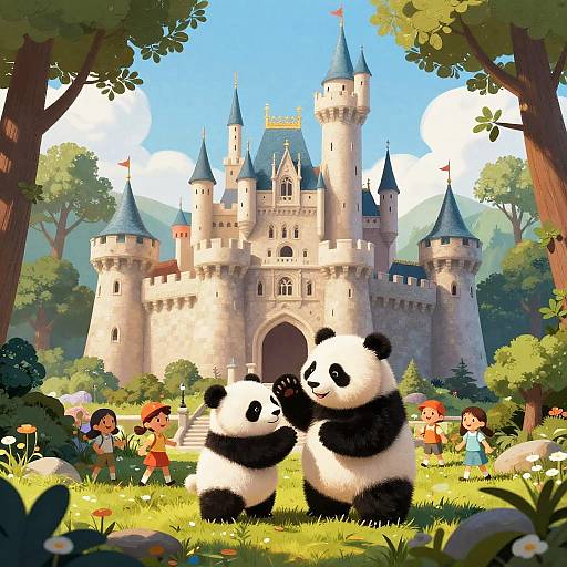Digital cartoon image of two panda cubs standing in front of a colorful, detailed fairy-tale castle surrounded by children and lush greenery. Bright blue