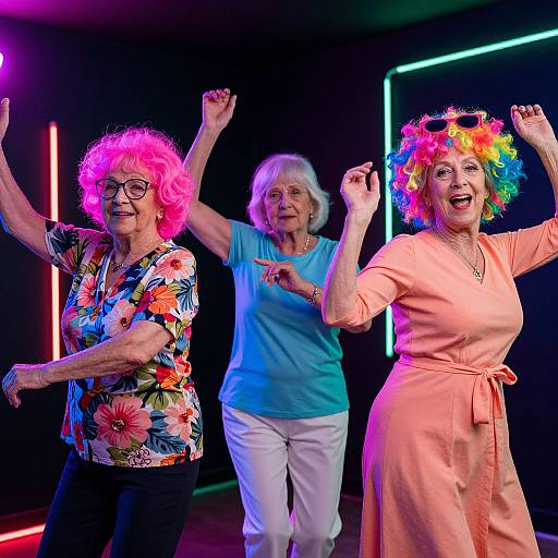 Photograph of three elderly women dancing energetically on stage, wearing colorful wigs and vibrant outfits, illuminated by neon lights.