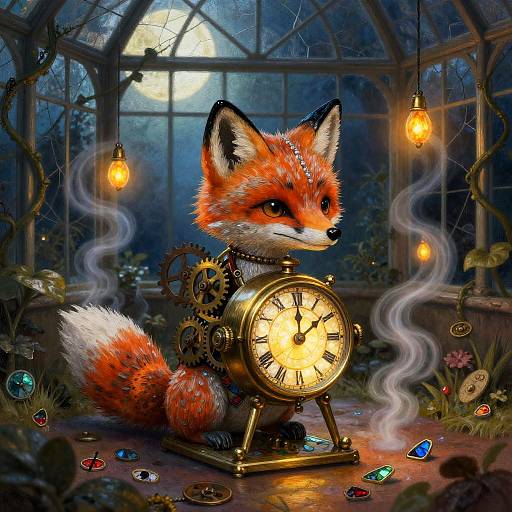 Clockwork Fox in Moonlit Conservatory
