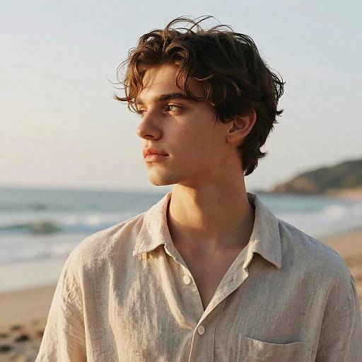 Young Man with Micro Bangs Hairstyle on Beach at Dawn