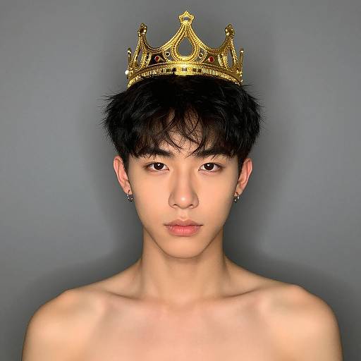 Photograph of an androgynous Asian young man with fair skin, black hair, wearing a gold crown, and small earrings, against a gray