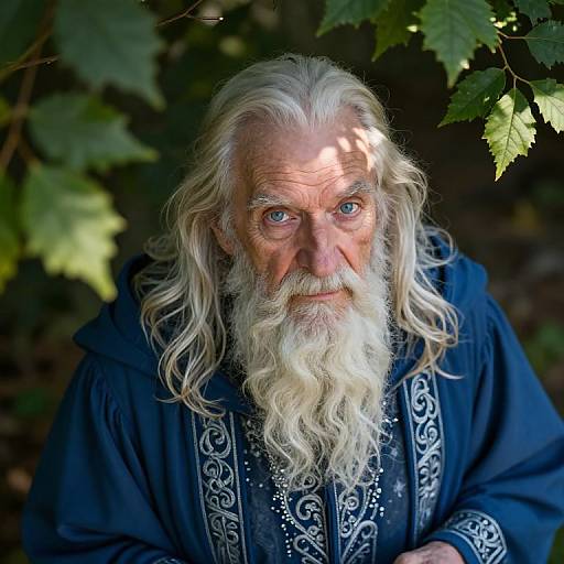Photograph of an elderly man with a long, wavy white beard, blue eyes, wearing a dark blue, ornately embroidered robe, surrounded by