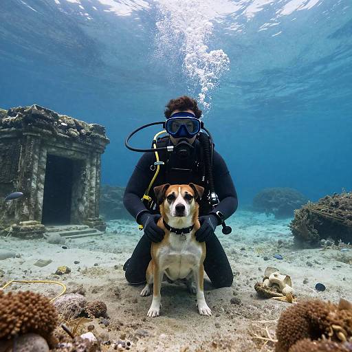 Dog in Scuba Gear by Ocean Ruins