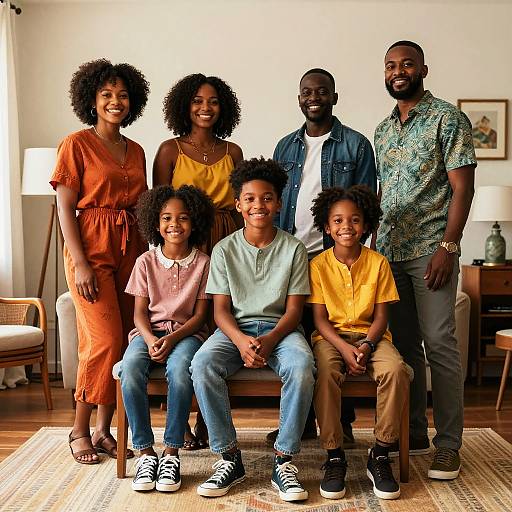 Photograph of a diverse, smiling family of seven with African heritage, standing and sitting in a warmly lit living room.
