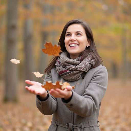 Photograph of a smiling woman with dark hair, gray coat, and scarf, catching autumn leaves in a forest. Background: blurred trees with yellow and