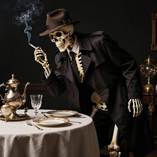 Vintage Detective Skeleton Smoking Cigarette