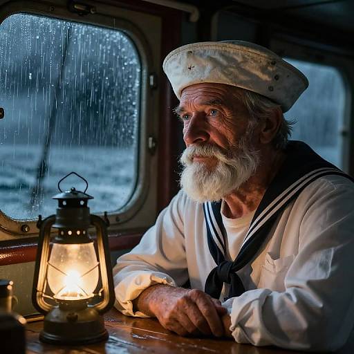 Photograph of an elderly white man with a white beard, wearing a white sailor hat and shirt, gazing out a rain-streaked window at