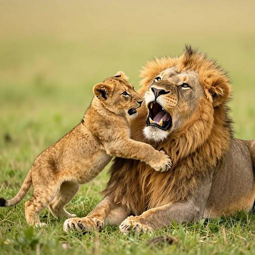 Photograph of a lioness cub playfully biting a sitting adult male lion's face on a grassy savanna, with bright sunlight.