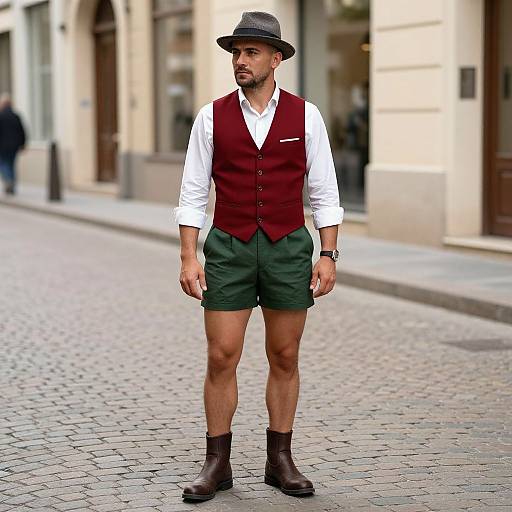 Photograph of a bearded man in a maroon vest, white shirt, green shorts, brown boots, and gray hat standing on a cobble