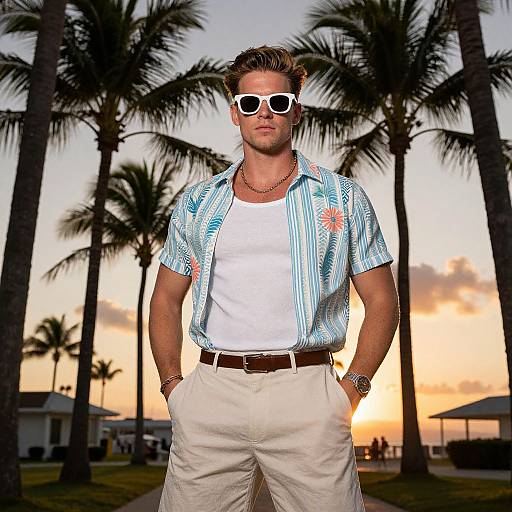 Photograph of a muscular man with short brown hair, wearing white sunglasses, blue floral shirt, white tank top, beige pants, and a watch,