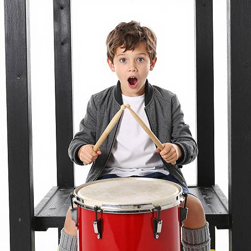 Energetic Boy Playing a Red Drum