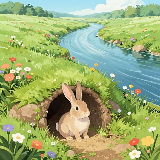 Digital illustration of a cute, light brown bunny sitting in a grassy, flower-filled burrow beside a winding blue river in a vibrant, sunny me