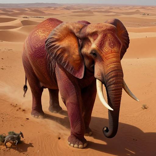 Photorealistic digital image of a large, textured red elephant with white tusks standing in a sunlit, sandy desert, with a small antelope