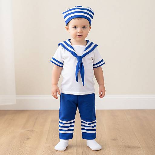 Photograph of a baby in a white sailor outfit with blue stripes, blue neckerchief, matching pants, and white socks, standing on wooden floor