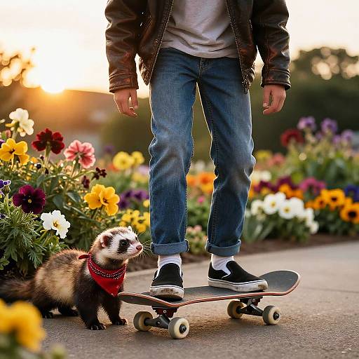 Teen Skateboarder and Ferret at Sunset