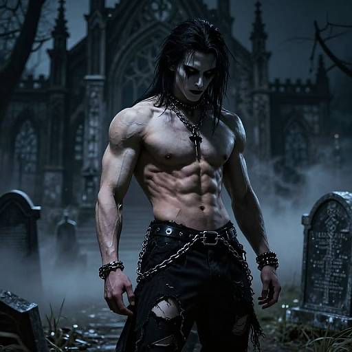 Photorealistic digital art of a muscular, shirtless, dark-haired male vampire with pale skin, wearing torn black pants and chains, standing in a