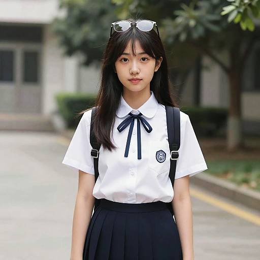 Photograph of an Asian teenage girl with long black hair, wearing a white shirt with a black ribbon, black skirt, and backpack, standing on a