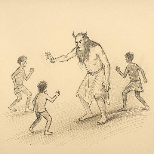 Sepia-toned sketch of three small, naked children running from a large, bearded, horned minotaur in a loincloth.