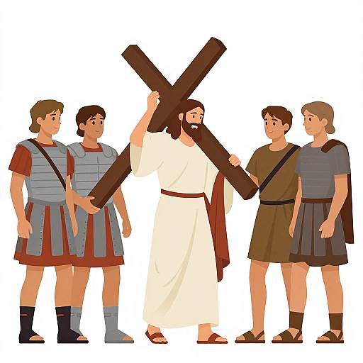 Digital illustration of four Roman soldiers in armor helping Jesus, wearing a white robe and carrying a wooden cross. White background.