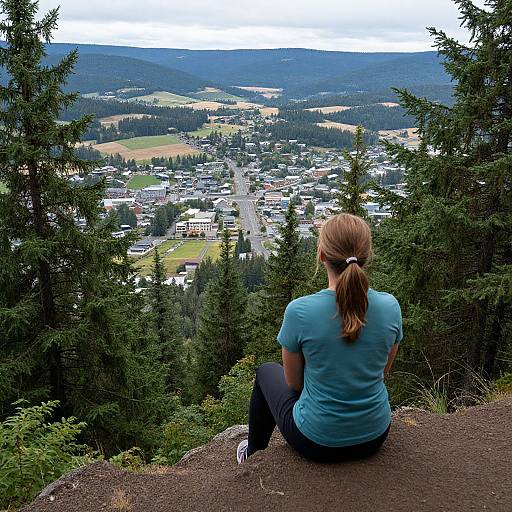 Photograph of a woman with blonde ponytail, blue shirt, black pants, sitting on mountain trail, overlooking forested valley and distant town.