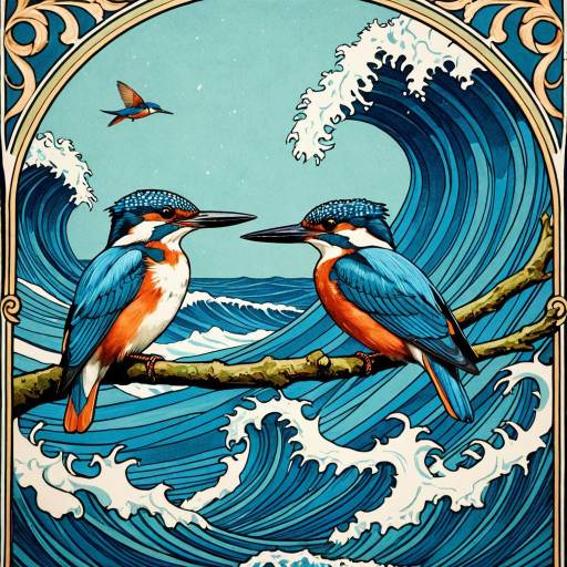 Art Nouveau Kingfishers and Blue Waves Art Nouveau Kingfishers and Blue Waves