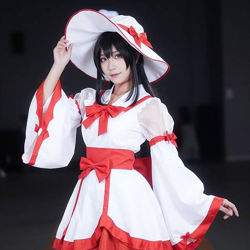 Photograph of an Asian woman in a white and red cosplay outfit with wide sleeves, red bow, and large hat, posing against a dark background.