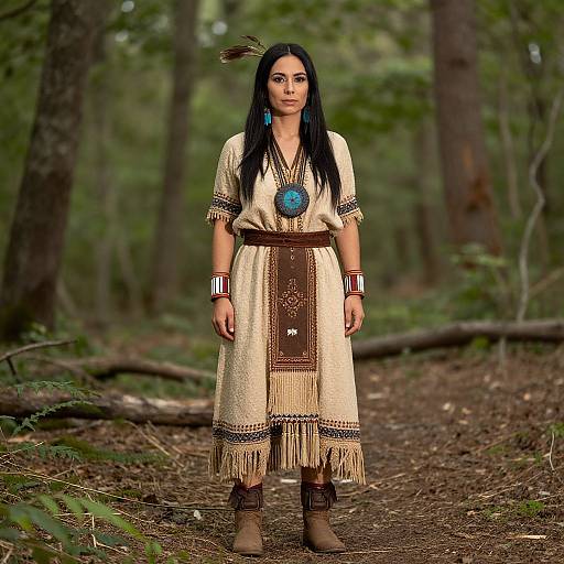 Photograph of a Native American woman with long black hair, wearing a beige and brown traditional dress, turquoise necklace, and feathered headdress, standing