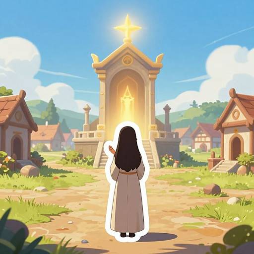 Digital anime-style image: A girl with long black hair in a white robe stands before a glowing cross atop a stone altar, surrounded by quaint village houses
