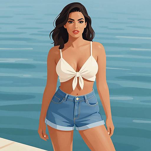 Digital illustration of a curvy woman with tan skin and black hair, wearing a white tied crop top and blue denim shorts, standing in front of a