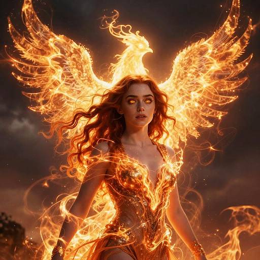 Photorealistic digital art of a fiery-haired woman with glowing orange wings, engulfed in flames, against a dark, stormy sky.