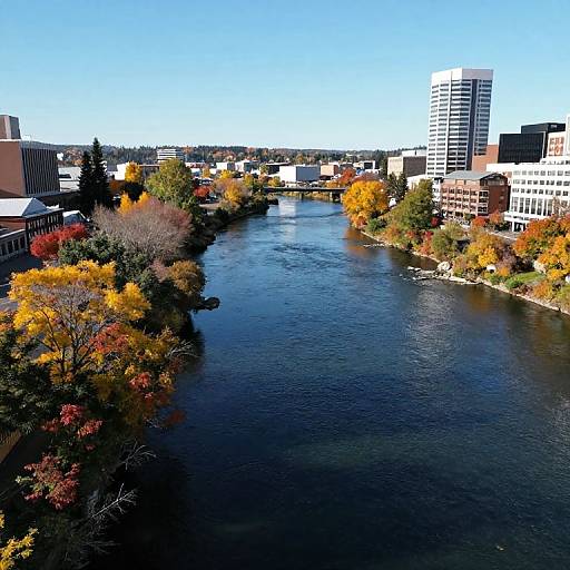 Aerial photograph of a cityscape with a river flanked by autumn-colored trees and modern buildings under a clear blue sky.