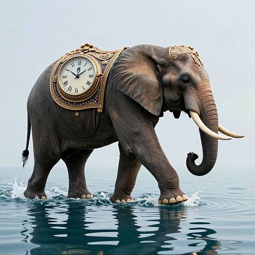 Photograph of a large, gray elephant with ornate, gold clock on its back, walking through calm, blue water, creating ripples.