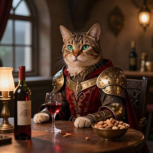 Photorealistic digital artwork of a tabby cat with green eyes, wearing medieval armor and a red robe, sitting at a dimly lit wooden table