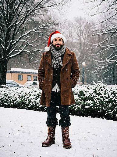 Man in Santa Hat and Brown Coat in Snow