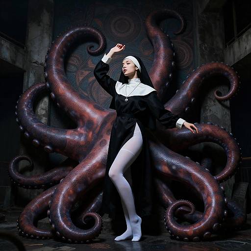 Graceful Nun with Tentacles in Dark Setting