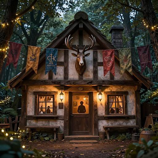 Photograph of a rustic, wooden cabin with a deer head above the door, lit by lanterns, adorned with colorful banners, in a dark,