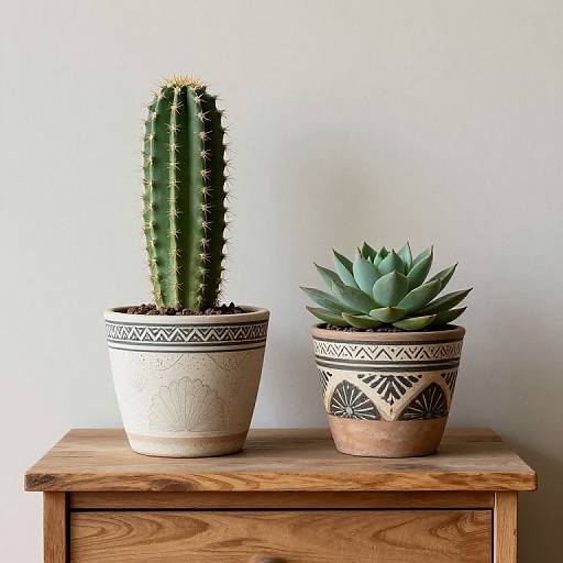Photograph of two potted plants on a wooden table: a tall, spiky green cactus in a beige pot with tribal patterns, and a