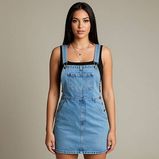 Photograph of a young woman with long black hair, wearing a light blue denim dress over a black tank top, standing against a plain gray background.