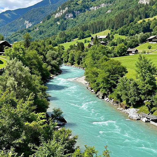 Photograph of a vibrant, turquoise river flowing through a lush, green valley with dense trees, small houses, and rolling hills under a partly cloudy sky