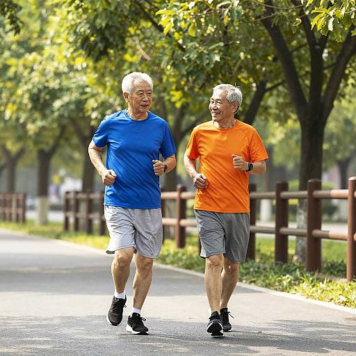 Elderly Friends Jogging in Sunlit Park