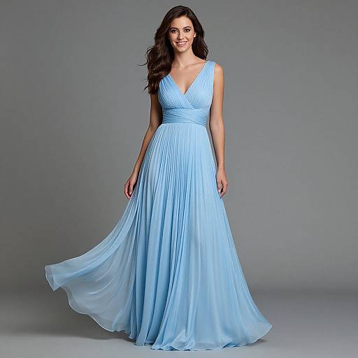 Photograph of a smiling woman with long dark hair in a light blue, sleeveless, V-neck, floor-length, flowing evening gown against a gray