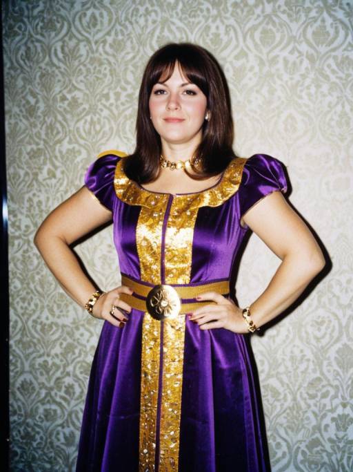 Woman in Purple and Gold Abba Style Dress