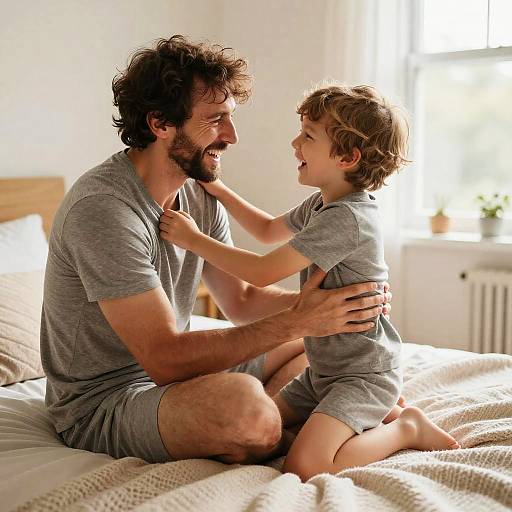 Photograph of a smiling father with curly brown hair and beard, wearing gray t-shirt and shorts, playfully hugging his laughing, curly-haired son